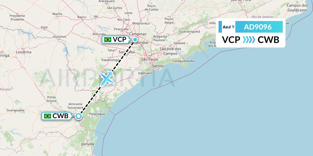 AD9096 Azul Brazilian Airlines Flight Map: Campinas to Curitiba