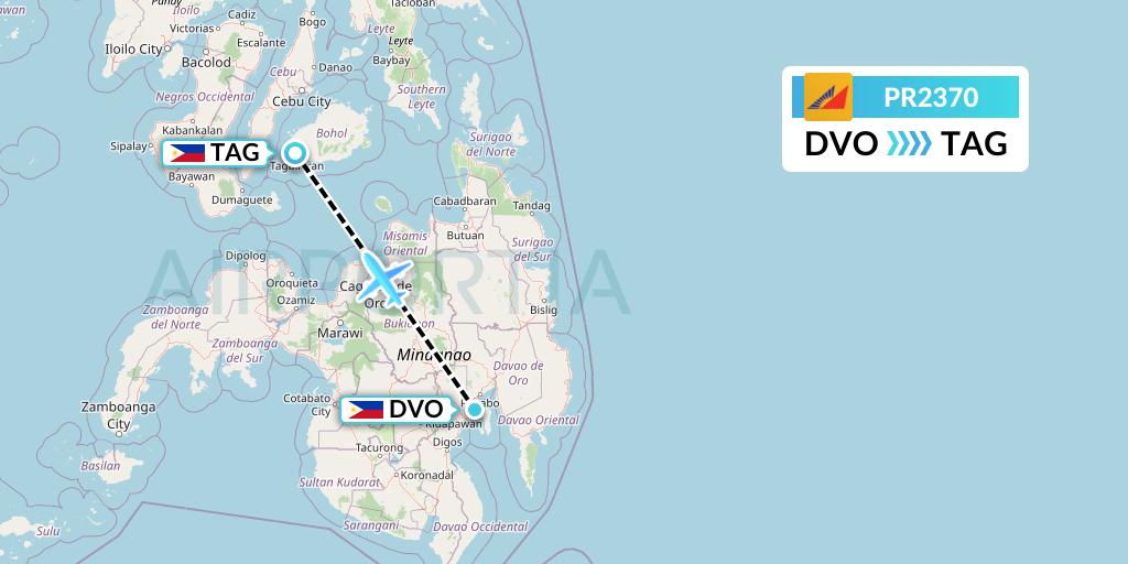 PR2370 Philippine Airlines Flight Map: Davao City to Tagbilaran City