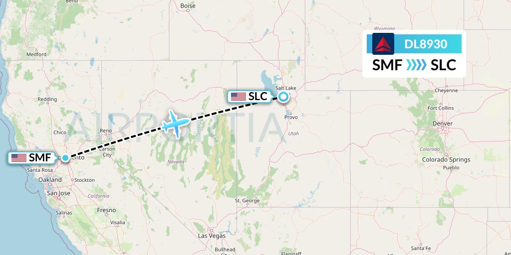 DL8930 Delta Air Lines Flight Map: Sacramento to Salt Lake City