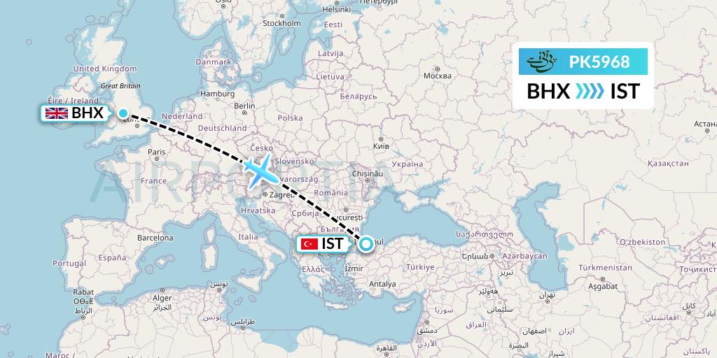 PK5968 Pakistan International Airlines Flight Map: Birmingham to Istanbul