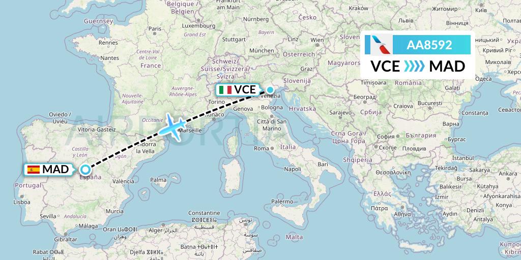 AA8592 American Airlines Flight Map: Venice to Madrid