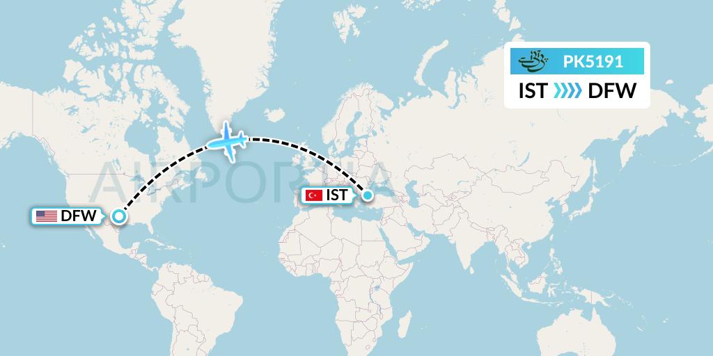 PK5191 Pakistan International Airlines Flight Map: Istanbul to Dallas