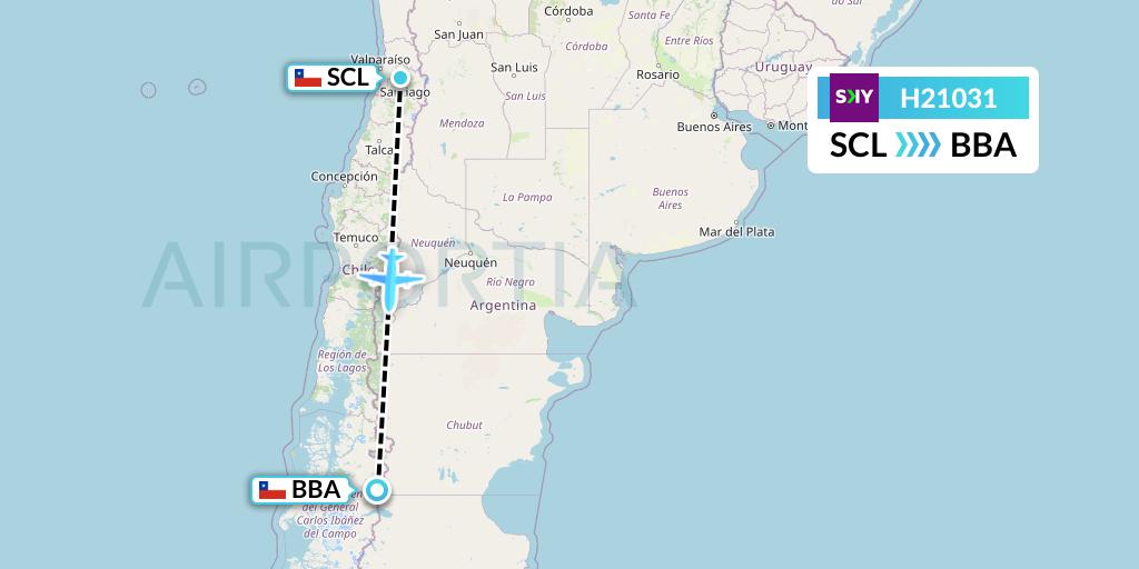 H21031 Sky Airline Flight Map: Santiago to Balmaceda