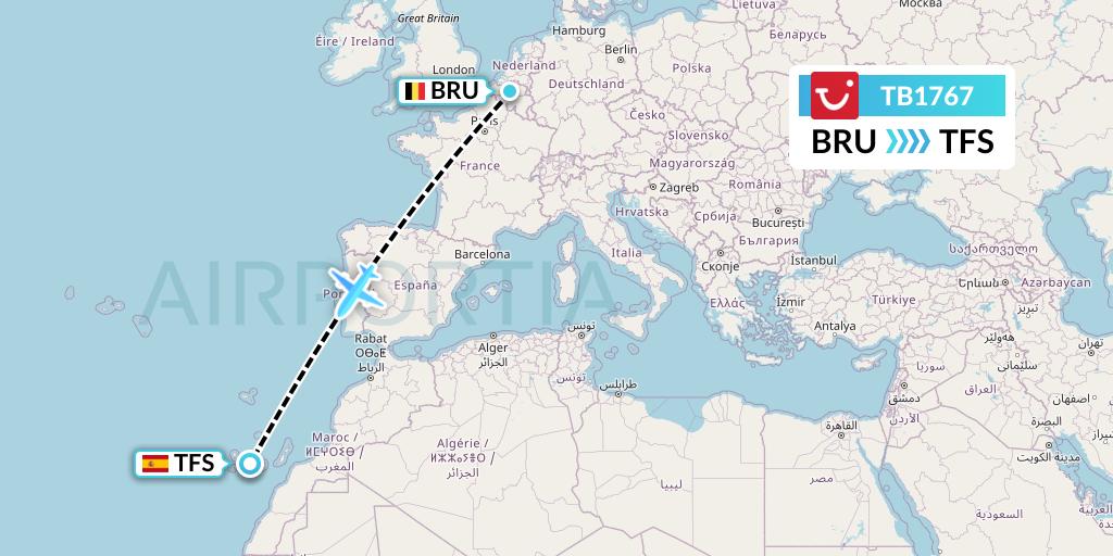TB1767 TUI fly Belgium Flight Map: Brussels to Tenerife