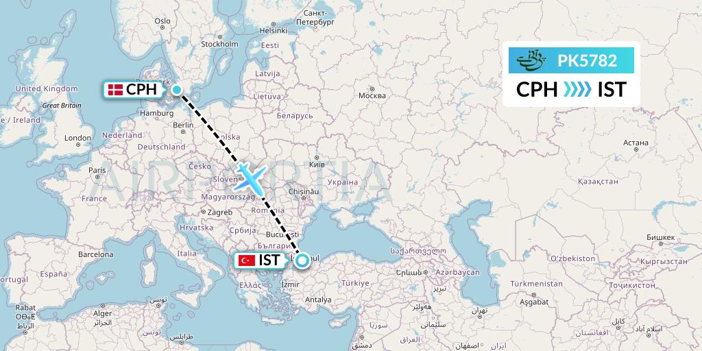 PK5782 Pakistan International Airlines Flight Map: Copenhagen to Istanbul