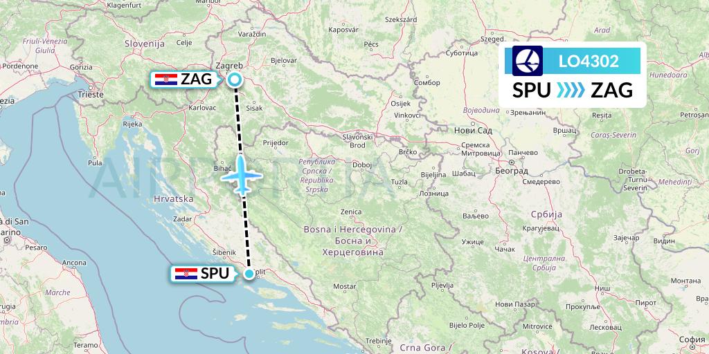 LO4302 LOT Flight Map: Split to Zagreb