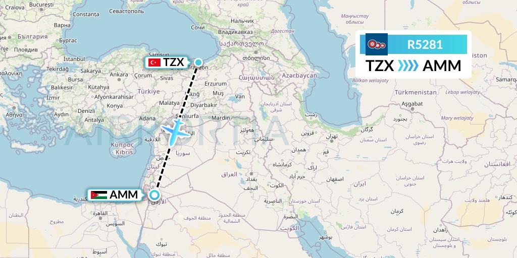 R5281 Jordan Aviation Flight Map: Trabzon to Amman