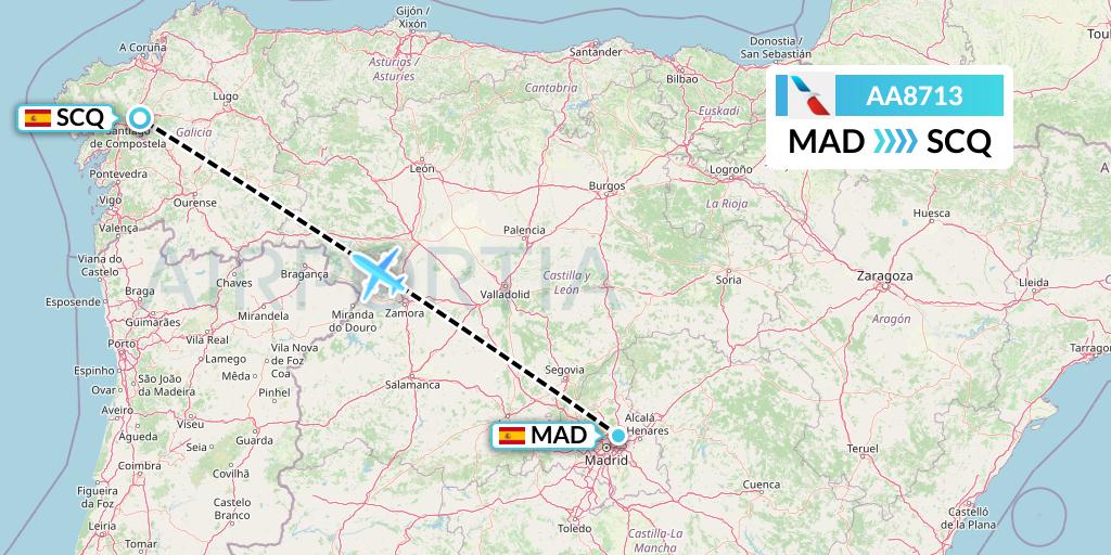 AA8713 American Airlines Flight Map: Madrid to Santiago
