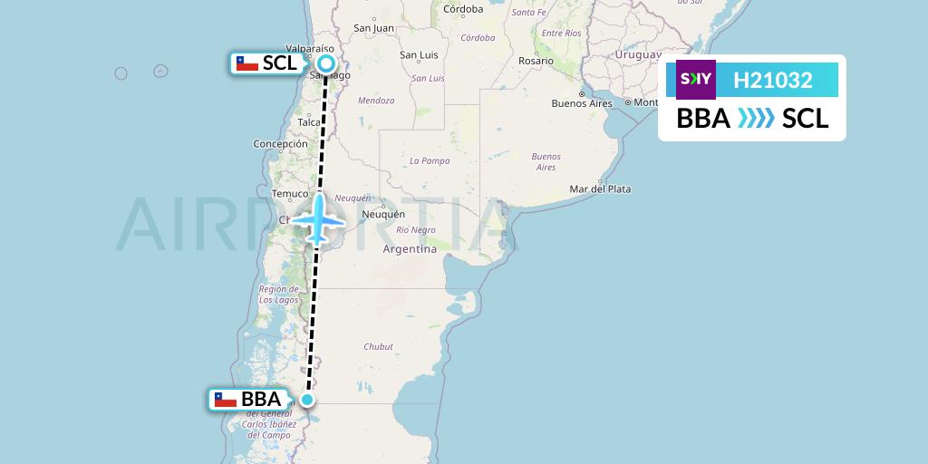 H21032 Sky Airline Flight Map: Balmaceda to Santiago