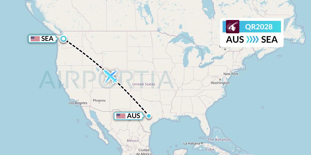 QR2028 Qatar Airways Flight Map: Austin to Seattle