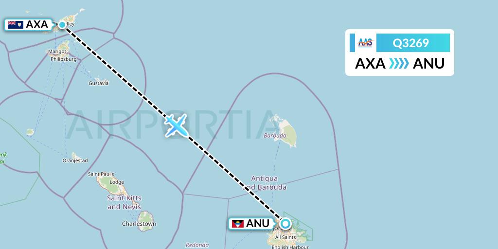 Q3269 Anguilla Air Services Flight Map: The Valley to Antigua