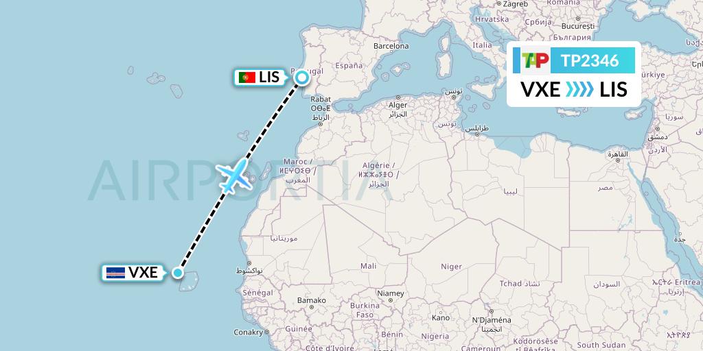 TP2346 TAP Portugal Flight Map: Sao Vicente to Lisbon