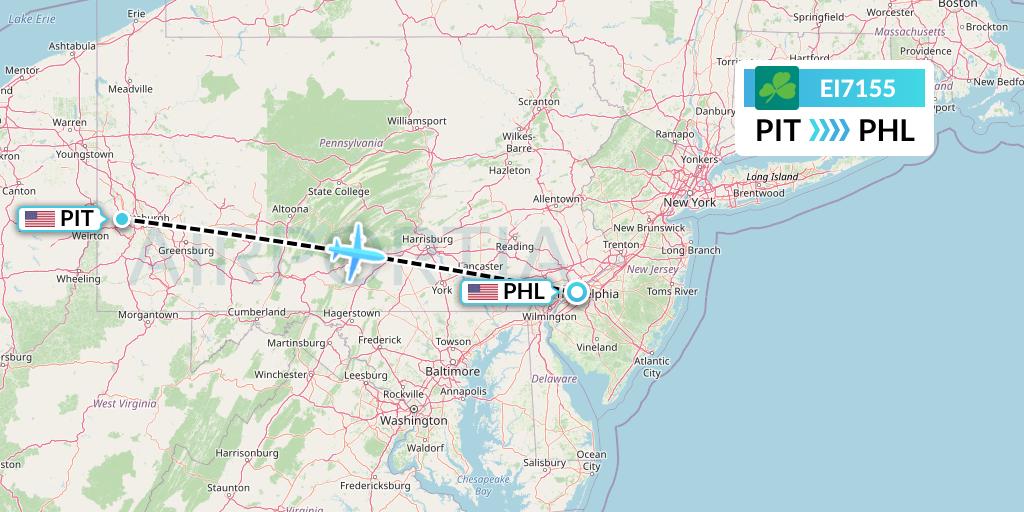 EI7155 Aer Lingus Flight Map: Pittsburgh to Philadelphia