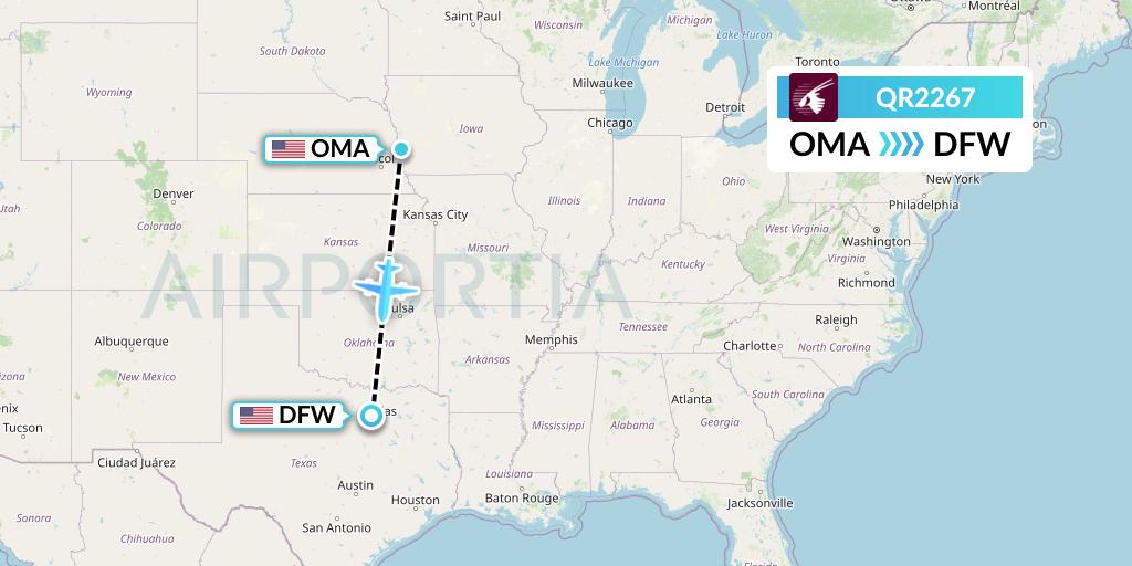QR2267 Qatar Airways Flight Map: Omaha to Dallas