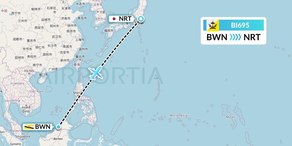 BI695 Royal Brunei Airlines Flight Map: Brunei to Tokyo