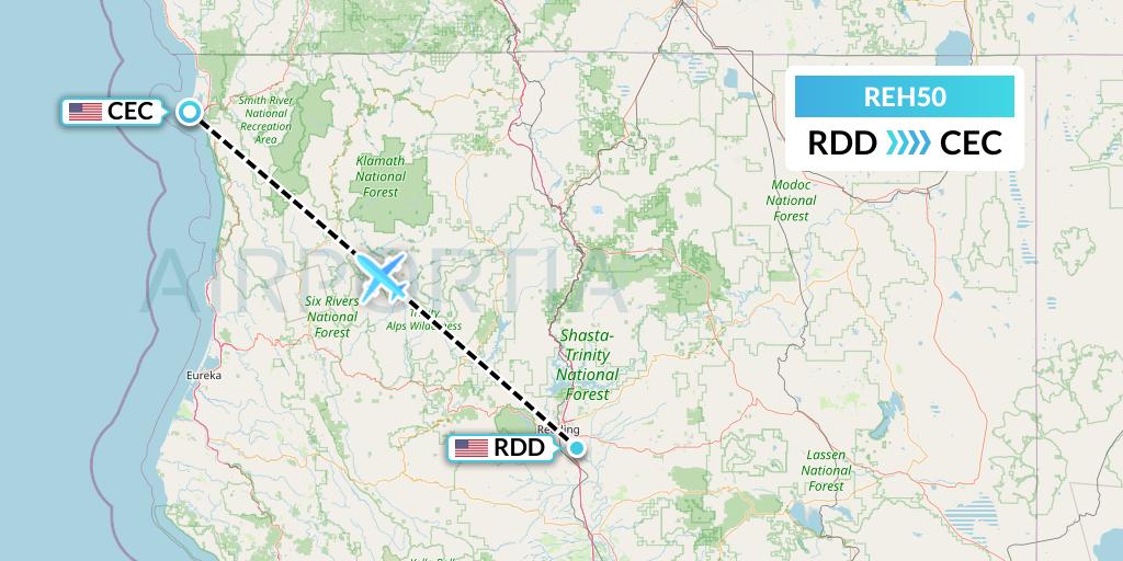 REH50 Reach Air Medical Services Flight Map: Redding to Crescent City