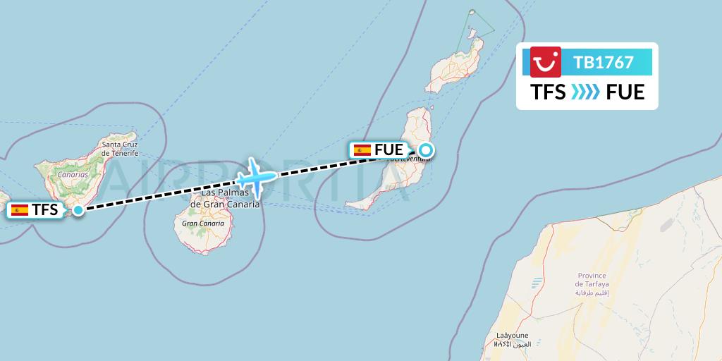 TB1767 TUI fly Belgium Flight Map: Tenerife to Fuerteventura