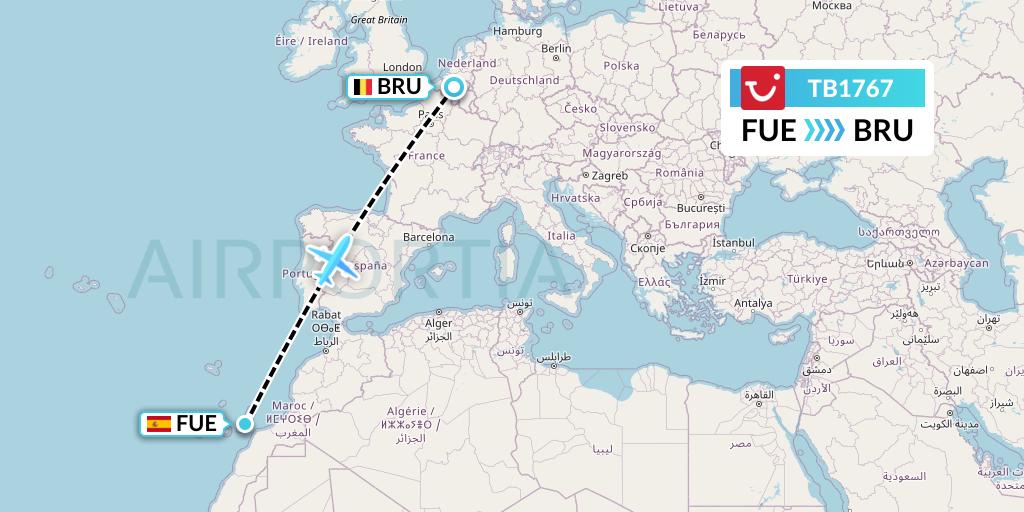 TB1767 TUI fly Belgium Flight Map: Fuerteventura to Brussels