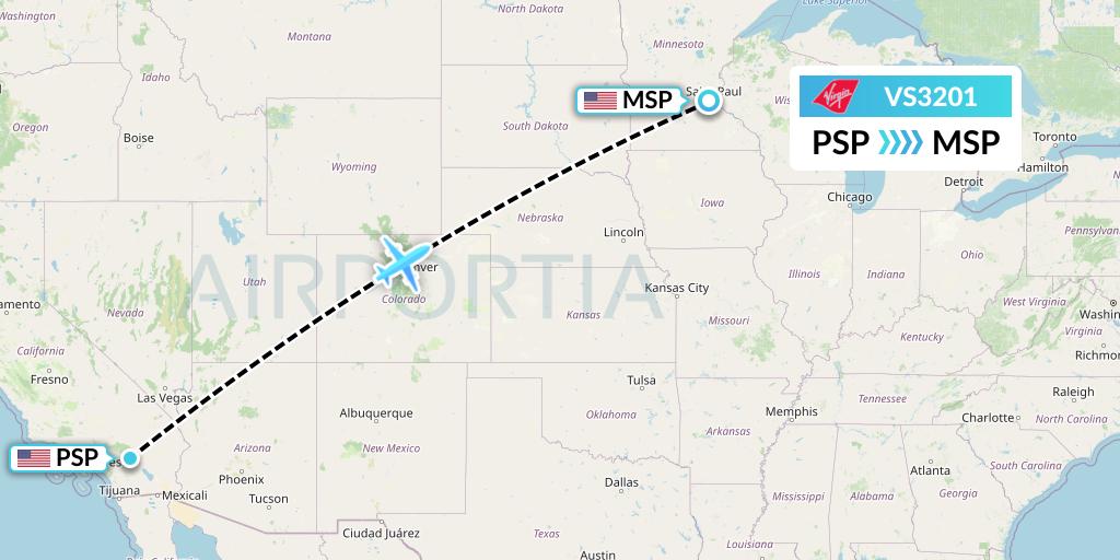 VS3201 Virgin Atlantic Airways Flight Map: Palm Springs to Minneapolis
