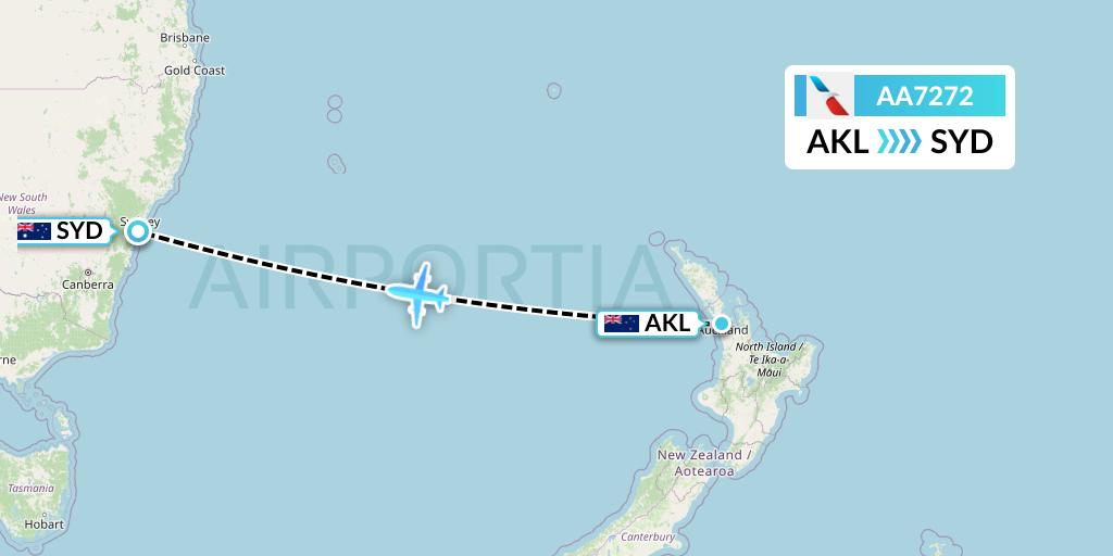 AA7272 American Airlines Flight Map: Auckland to Sydney