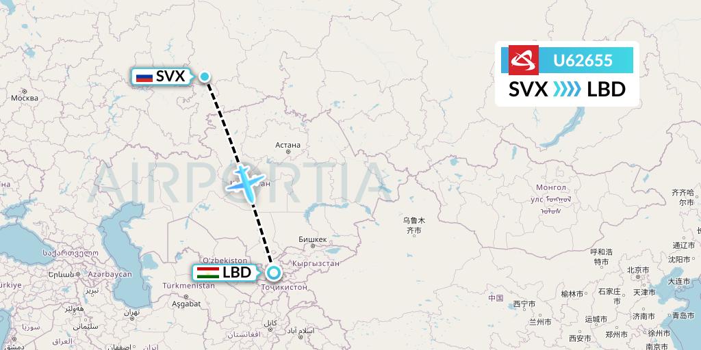 U62655 Ural Airlines Flight Map: Yekaterinburg to Khudzhand