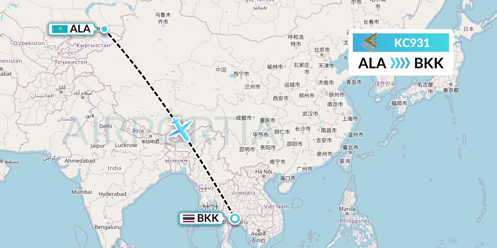 KC931 Air Astana Flight Map: Almaty to Bangkok