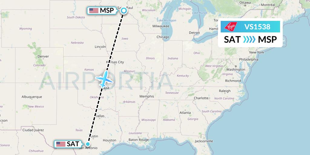 VS1538 Virgin Atlantic Airways Flight Map: San Antonio to Minneapolis