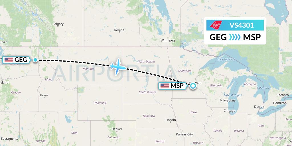 VS4301 Virgin Atlantic Airways Flight Map: Spokane to Minneapolis