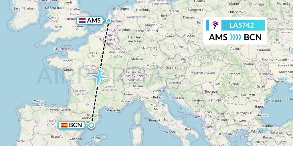 LA5742 LATAM Airlines Flight Map: Amsterdam to Barcelona