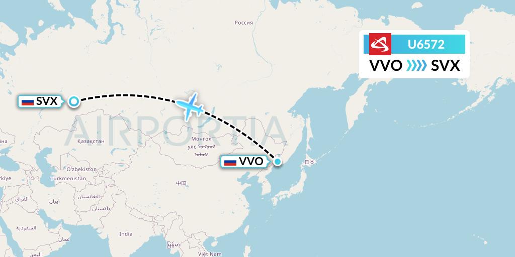 U6572 Ural Airlines Flight Map: Vladivostok to Yekaterinburg