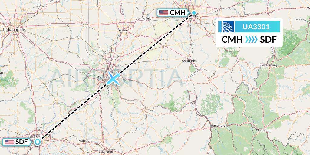 UA3301 United Airlines Flight Map: Columbus to Louisville