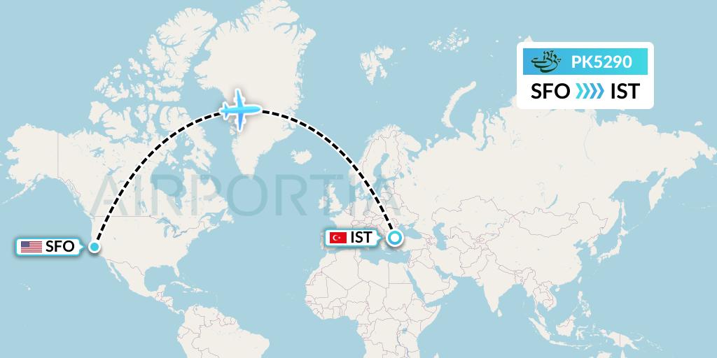 PK5290 Pakistan International Airlines Flight Map: San Francisco to Istanbul