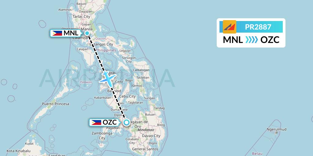 PR2887 Philippine Airlines Flight Map: Manila to Ozamiz