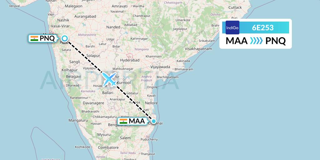 6E253 IndiGo Airlines Flight Map: Chennai to Pune