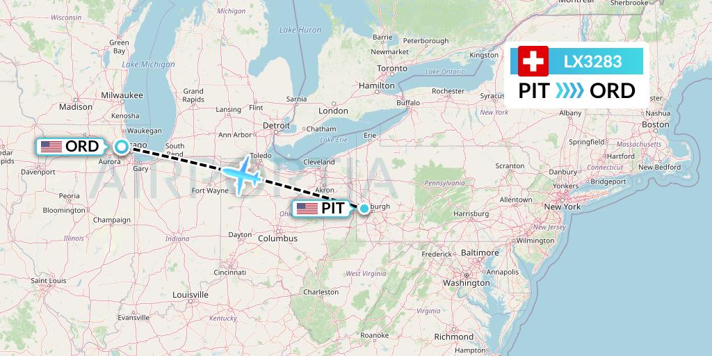 LX3283 Swiss Flight Map: Pittsburgh to Chicago