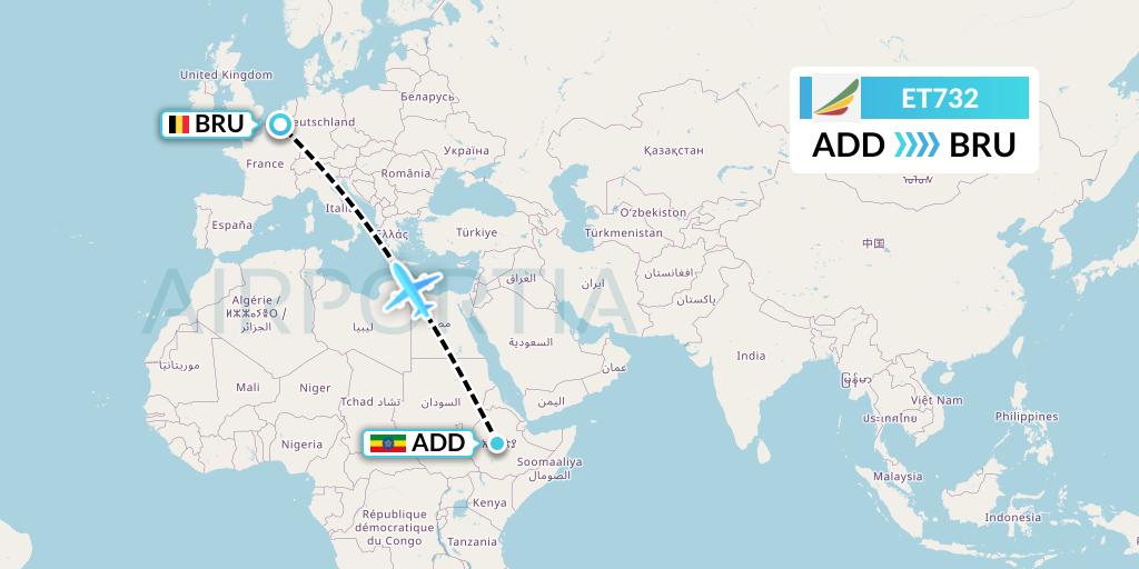 ET732 Ethiopian Airlines Flight Map: Addis Ababa to Brussels