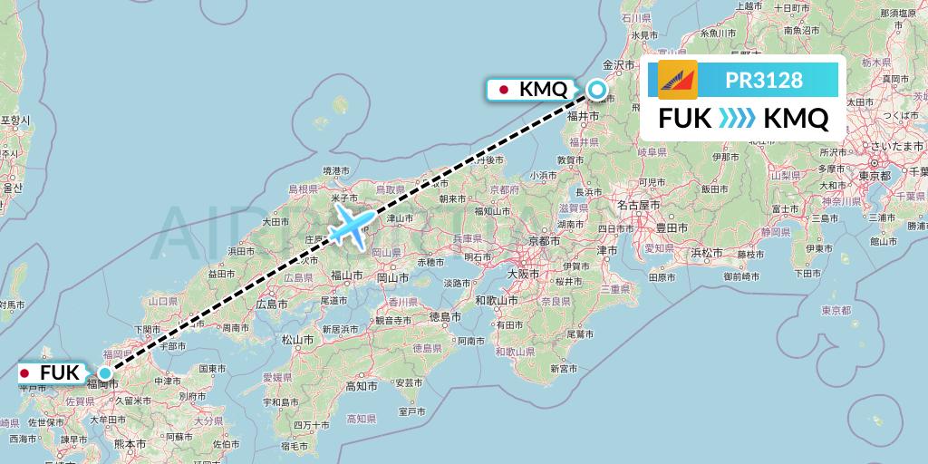 PR3128 Philippine Airlines Flight Map: Fukuoka to Komatsu
