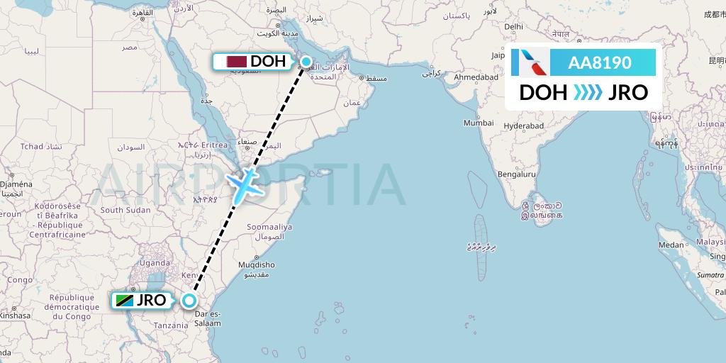 AA8190 American Airlines Flight Map: Doha to Kilimanjaro