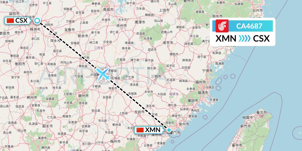 CA4687 Air China Flight Map: Xiamen to Changsha