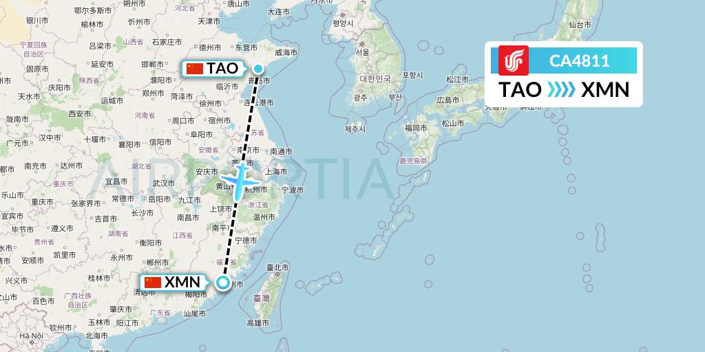 CA4811 Air China Flight Map: Qingdao to Xiamen