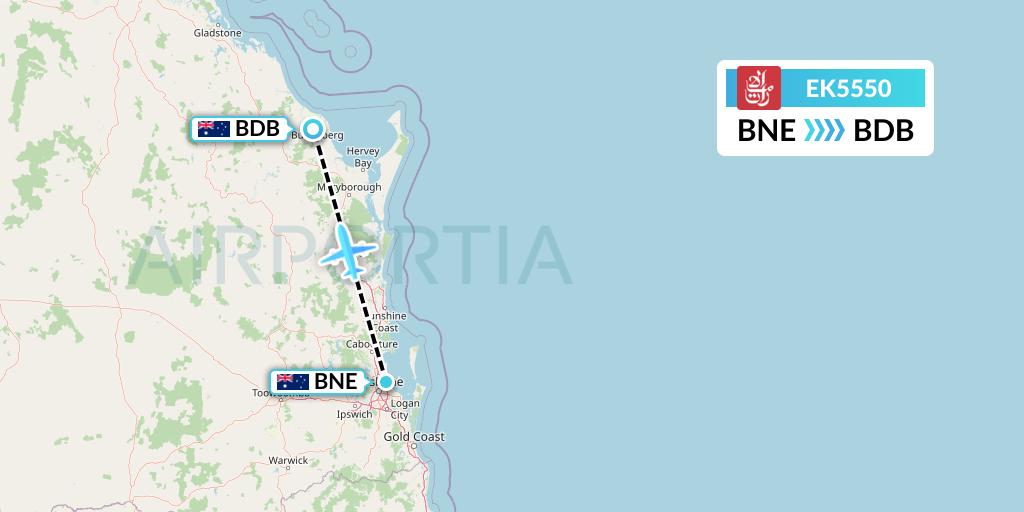 EK5550 Emirates Flight Map: Brisbane to Bundaberg