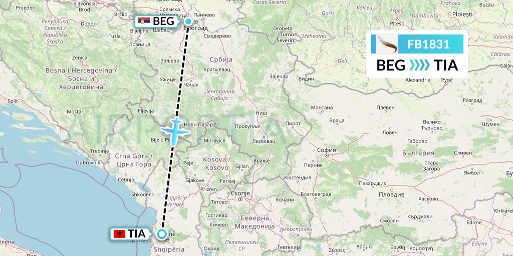 FB1831 Bulgaria Air Flight Map: Belgrade to Tirana
