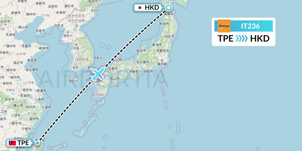 IT236 Tigerair Taiwan Flight Map: Taipei to Hakodate
