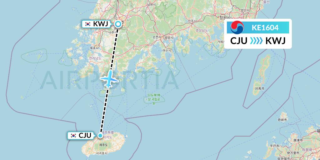 KE1604 Korean Air Flight Map: Jeju to Gwangju