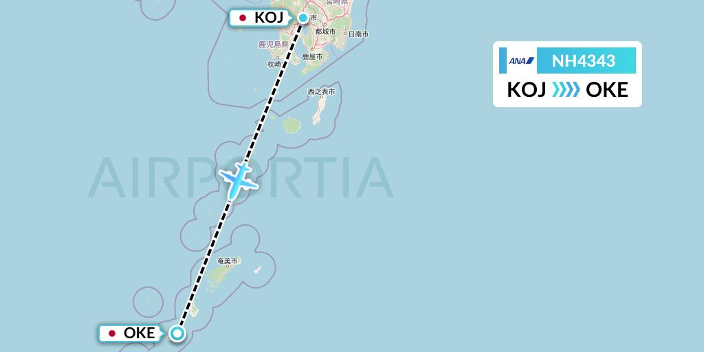 NH4343 All Nippon Airways Flight Map: Kagoshima to Japan