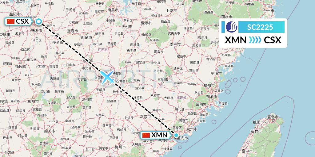 SC2225 Shandong Airlines Flight Map: Xiamen to Changsha