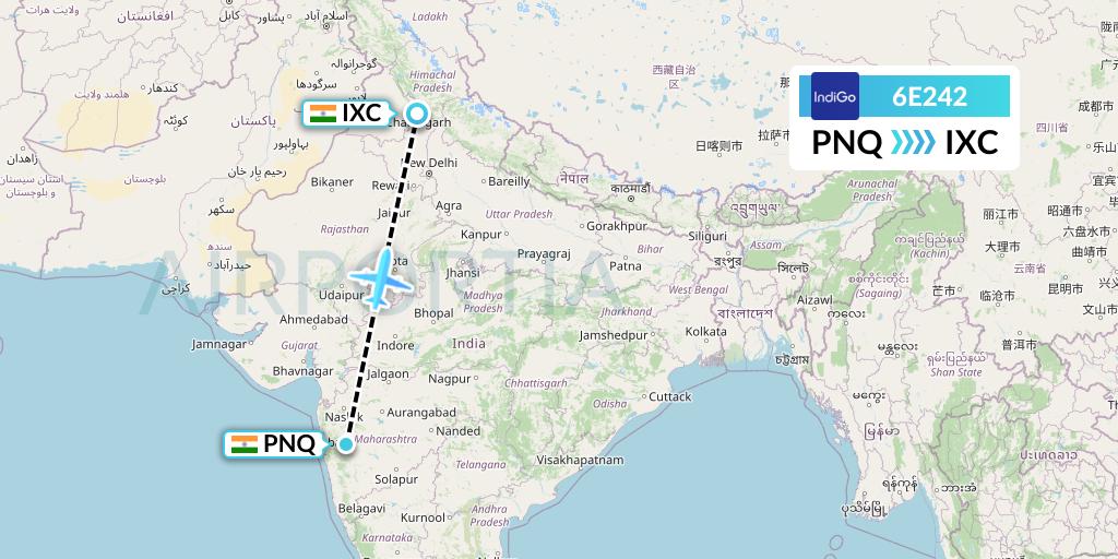 6E242 IndiGo Airlines Flight Map: Pune to Chandigarh