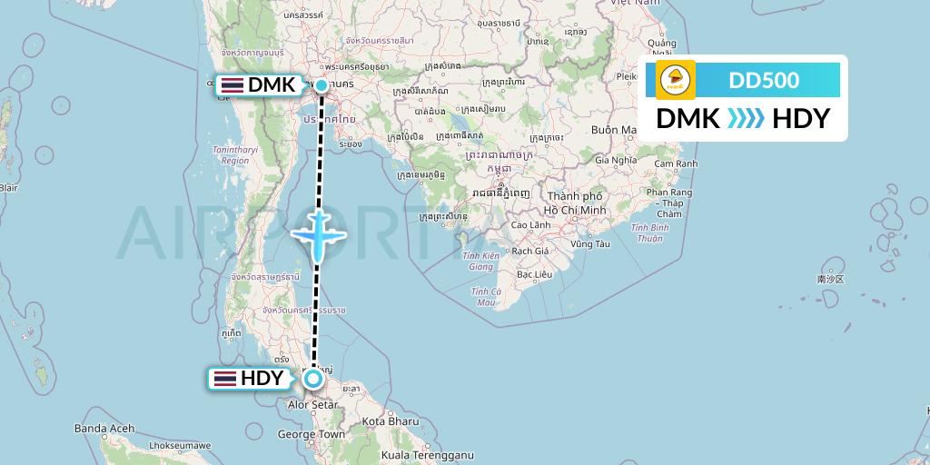DD500 Nok Air Flight Map: Bangkok to Hat Yai