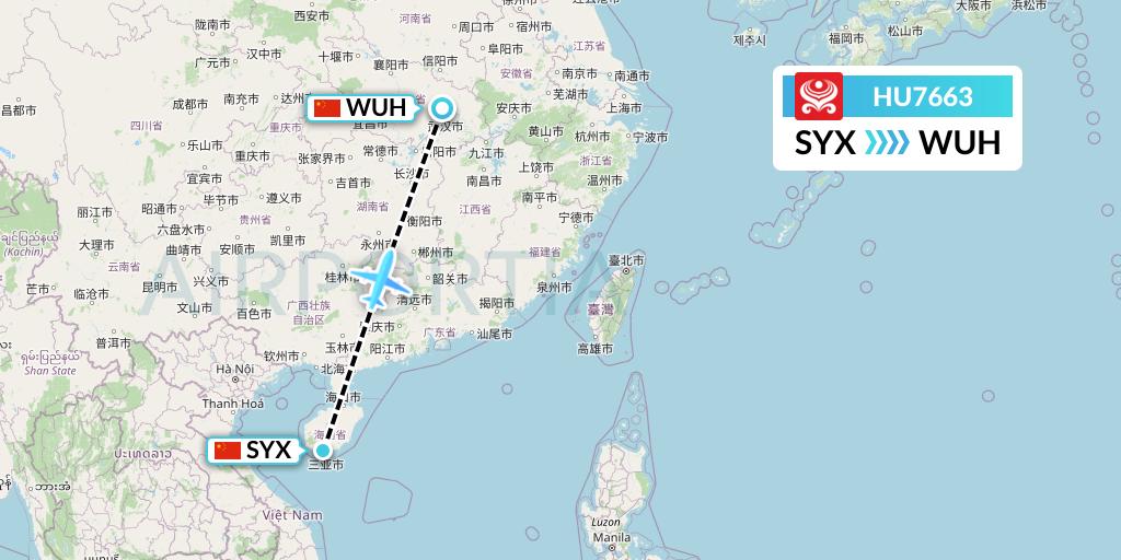 HU7663 Hainan Airlines Flight Map: Sanya to Wuhan