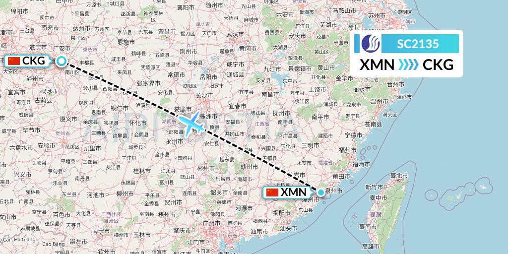 SC2135 Shandong Airlines Flight Map: Xiamen to Chongqing